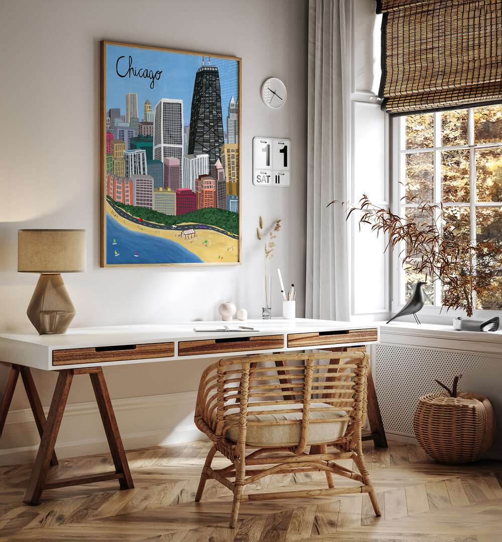 Vibrant Chicago cityscape with beachfront on Lake Michigan, featured in Carla Daly's travel posters collection.