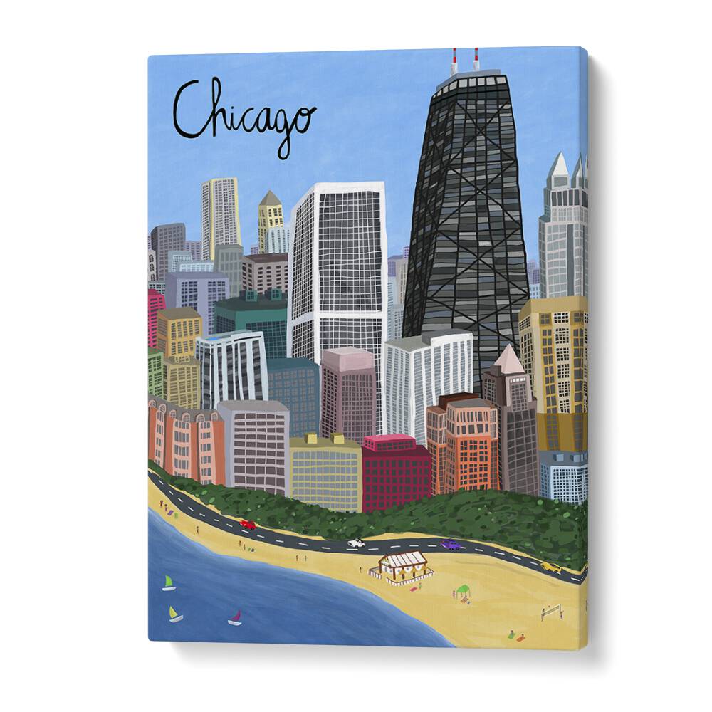 Vibrant Chicago city skyline with beachfront on Lake Michigan, featured in travel posters by Carla Daly.