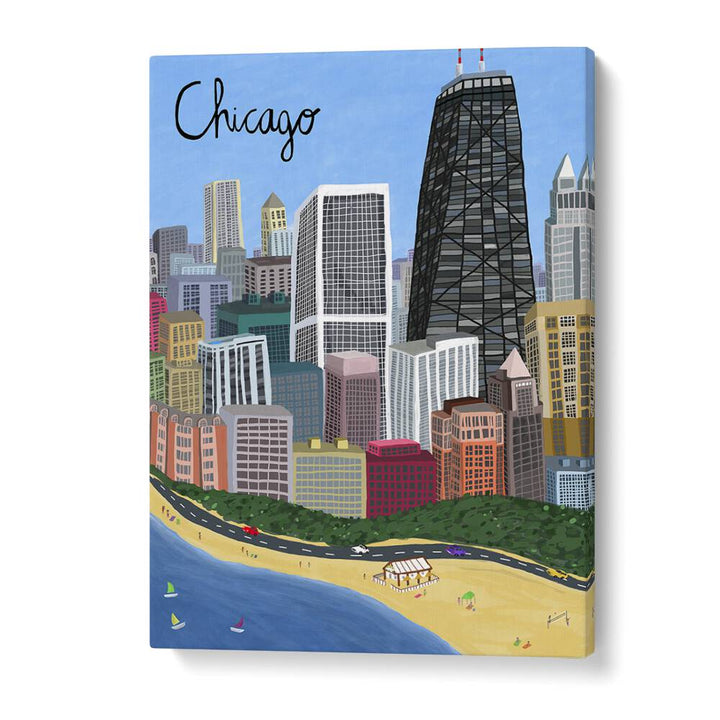 Vibrant Chicago city skyline with beachfront on Lake Michigan, featured in travel posters by Carla Daly.