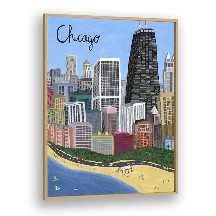 Explore the vibrant Chicago skyline with beachfront views in this travel poster, showcasing Lake Michigan's beauty.
