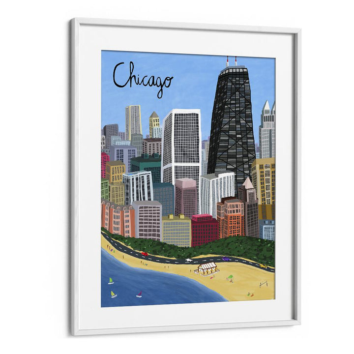 Stunning CHICAGO CITY WITH BEACHFRONT ON LAKE MICHIGAN, TRAVEL POSTERS by Carla Daly, perfect for any space.