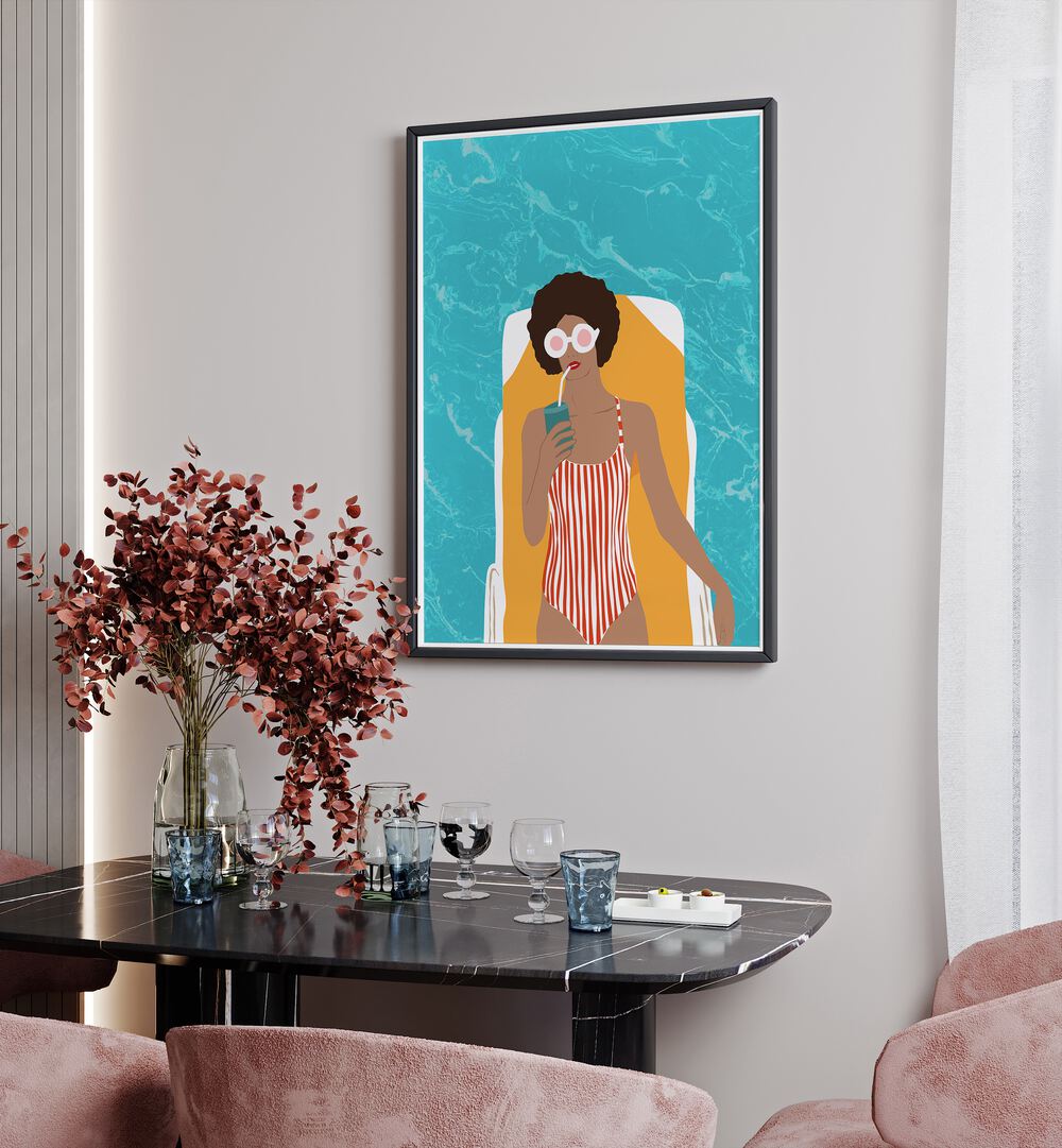 Stylish woman enjoying a drink, embodying "CHILLING IN THE MOMENT, PORTRAITS" by Uma Gokhale. Perfect for modern decor.