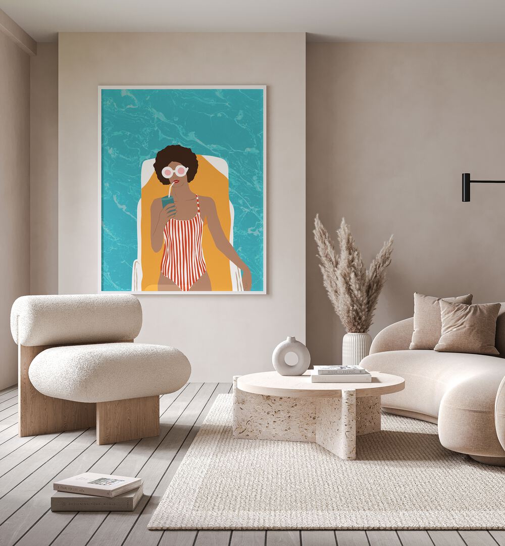 Woman relaxing in a stylish room, showcasing "CHILLING IN THE MOMENT, PORTRAITS" by Uma Gokhale. Vibrant art piece.