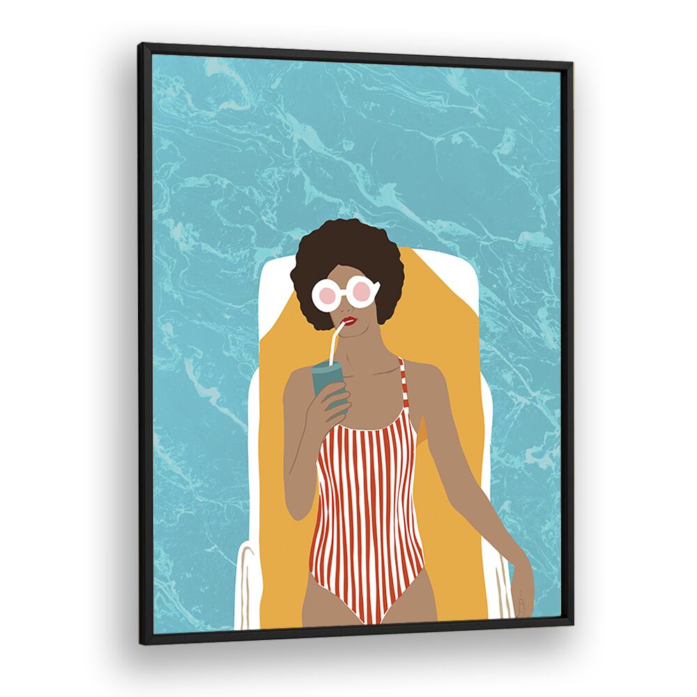 Stylish woman relaxing with a drink, showcasing "CHILLING IN THE MOMENT, PORTRAITS" by Uma Gokhale in vibrant colors.