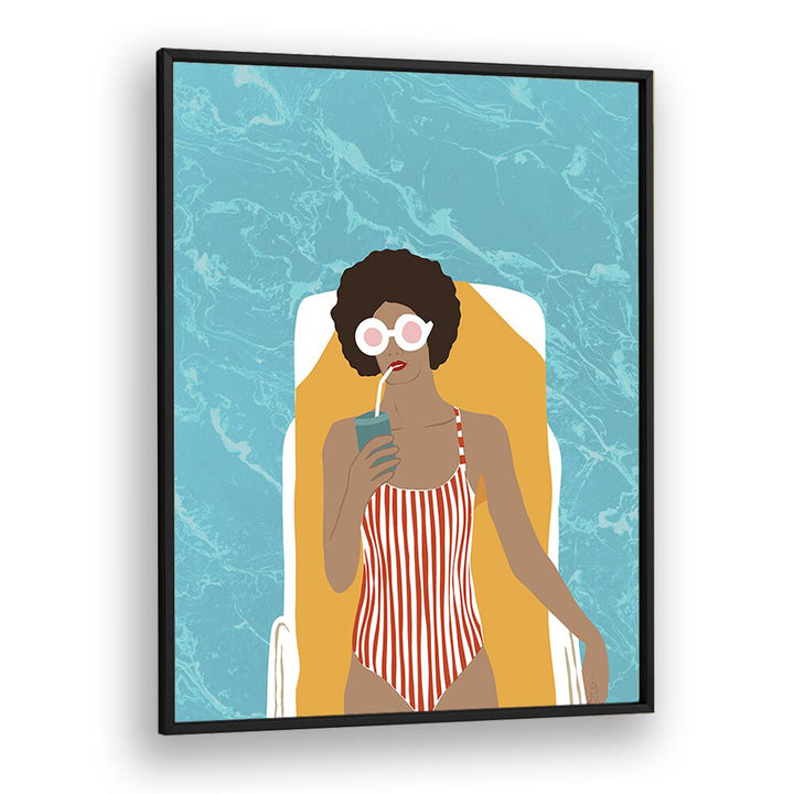 Stylish woman relaxing with a drink, showcasing "CHILLING IN THE MOMENT, PORTRAITS" by Uma Gokhale in vibrant colors.