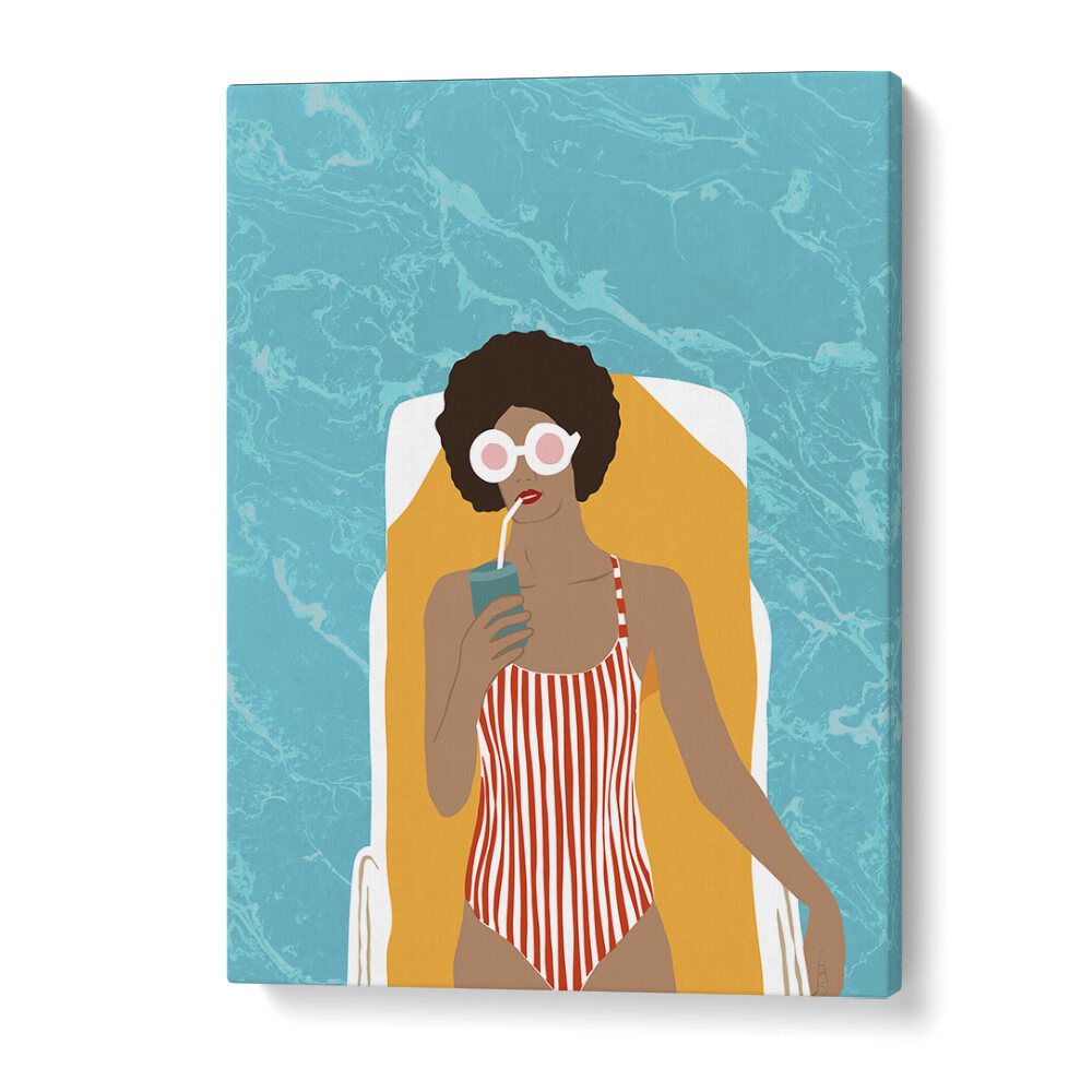 Charming illustration of a woman savoring a drink, embodying "CHILLING IN THE MOMENT, PORTRAITS" by Uma Gokhale.