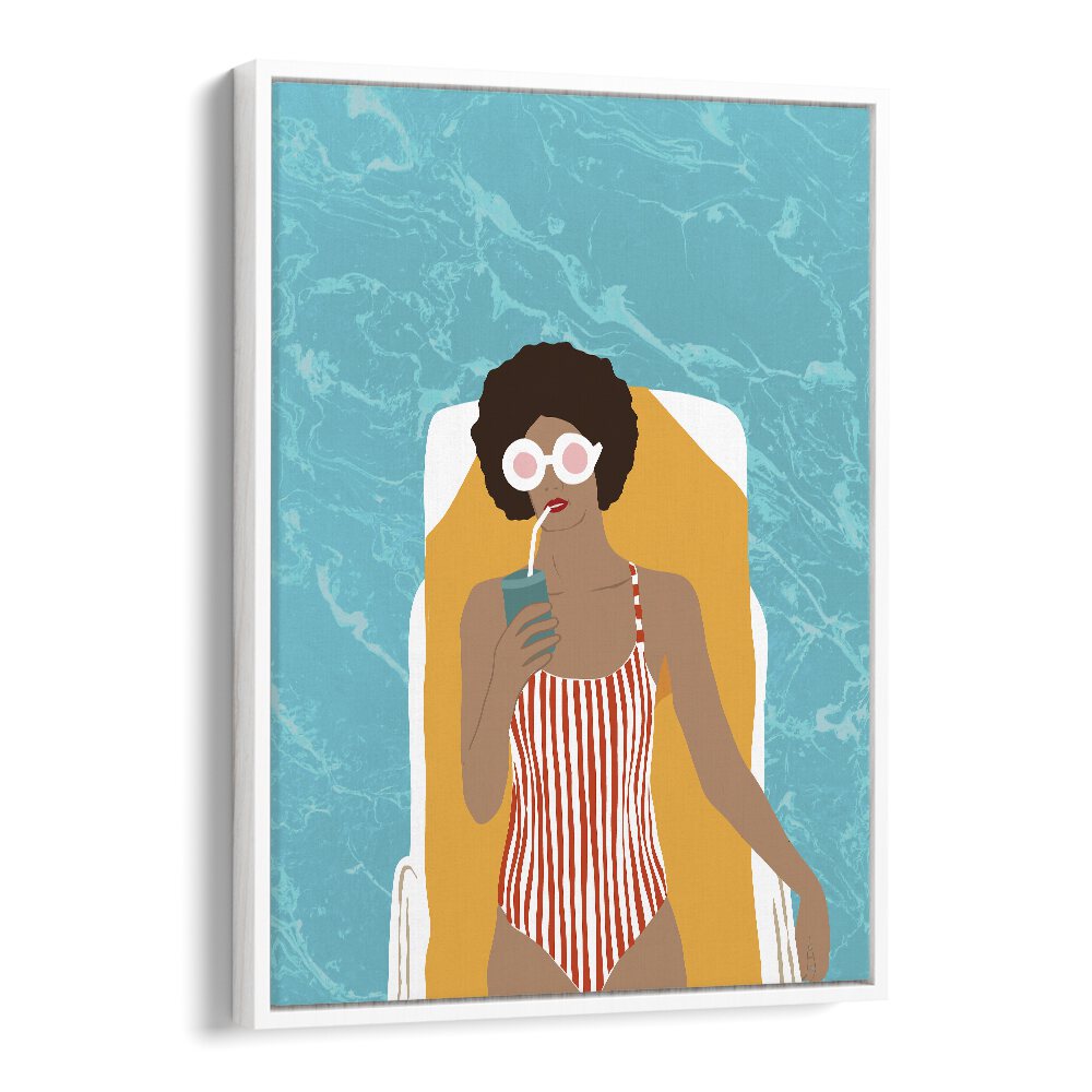 Stylish woman enjoying a drink by the pool, showcasing "CHILLING IN THE MOMENT, PORTRAITS" by Uma Gokhale.