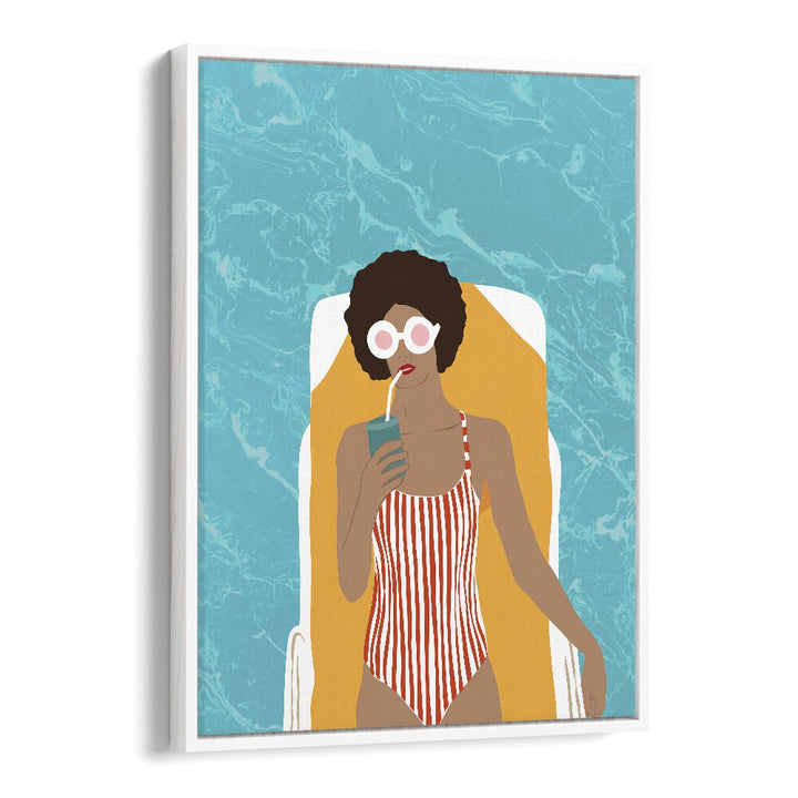 Stylish woman enjoying a drink by the pool, showcasing "CHILLING IN THE MOMENT, PORTRAITS" by Uma Gokhale.