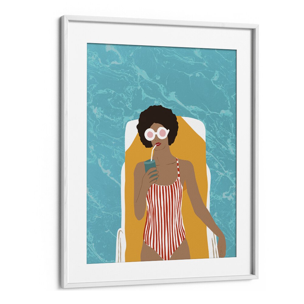 Stylish woman enjoying a drink in a swimsuit, embodying "CHILLING IN THE MOMENT, PORTRAITS" by Uma Gokhale.