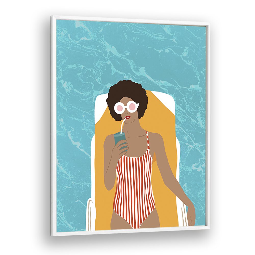 Chilling in the Moment, portraits of a woman relaxing by the pool, showcasing Uma Gokhale's vibrant artistry.