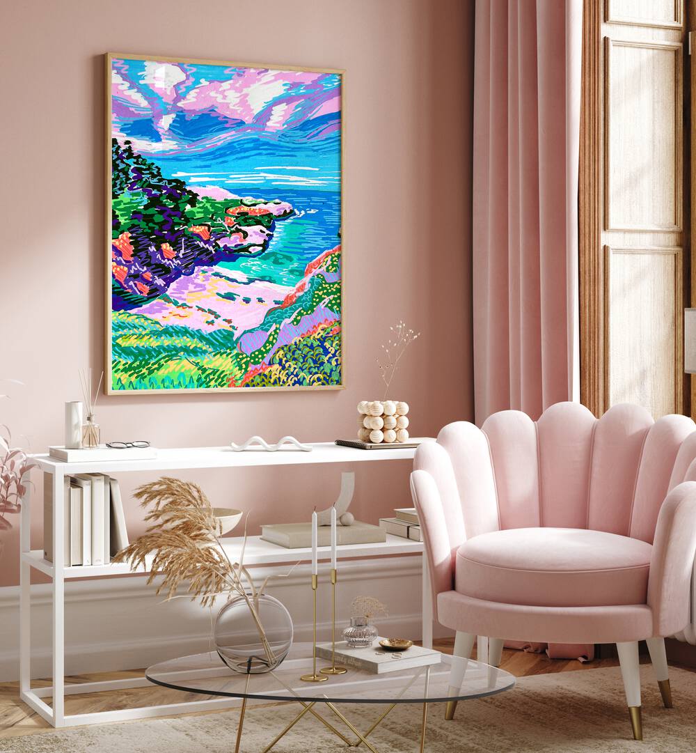 China Cove Beach By Key And Sea Creative Travel Poster in Oak Wood Plain Frame on a pink wall behind a table