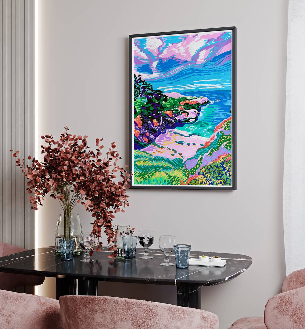 China Cove Beach By Key And Sea Creative Travel Poster in Black Plain Frame behind a dining table on a white wall