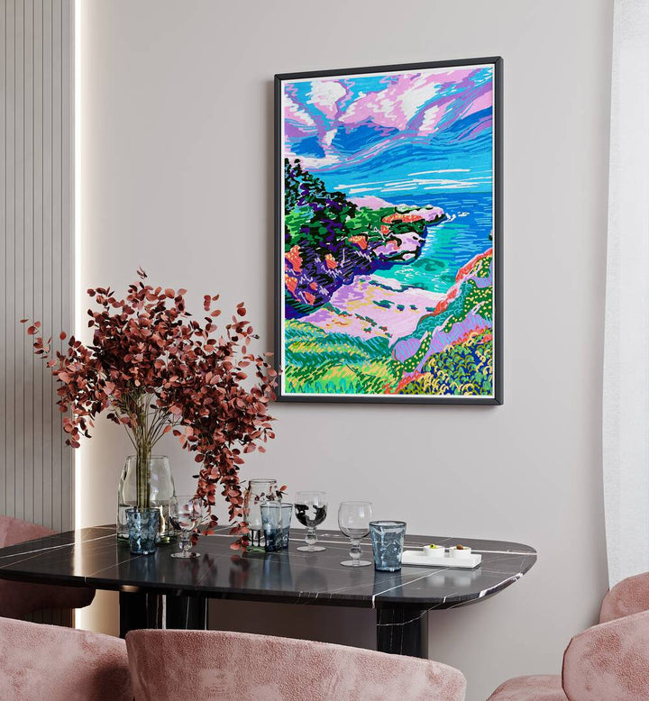 China Cove Beach By Key And Sea Creative Travel Poster in Black Plain Frame behind a dining table on a white wall