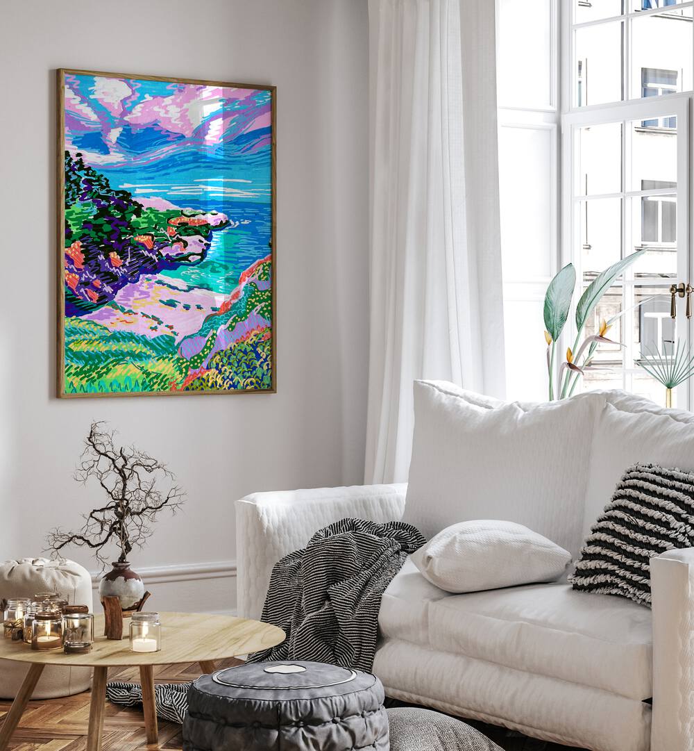 China Cove Beach By Key And Sea Creative Travel Poster in Oak Wood Plain Frame on a white wall beside a window