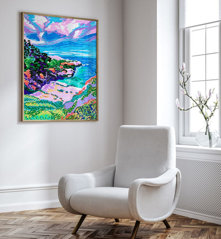 China Cove Beach By Key And Sea Creative Travel Poster in Oak Wood Plain Frame on a white wall beside a sofa