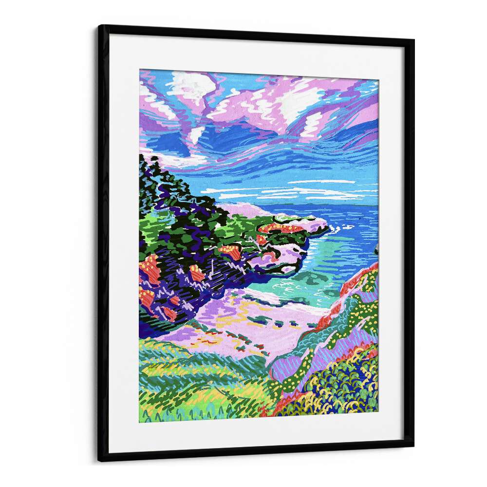 China Cove Beach By Key And Sea Creative Travel Poster in Black Frame With Mount