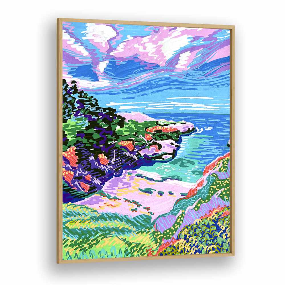 China Cove Beach By Key And Sea Creative Travel Poster in Oak Wood Plain Frame