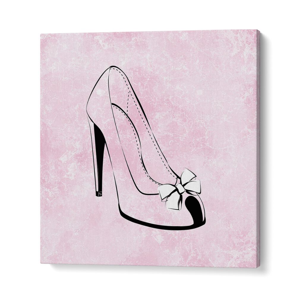 Elegant CINDERELLA, FASHION POSTERS showcase a stylish high-heeled shoe with a bow on a pink background. Perfect decor!