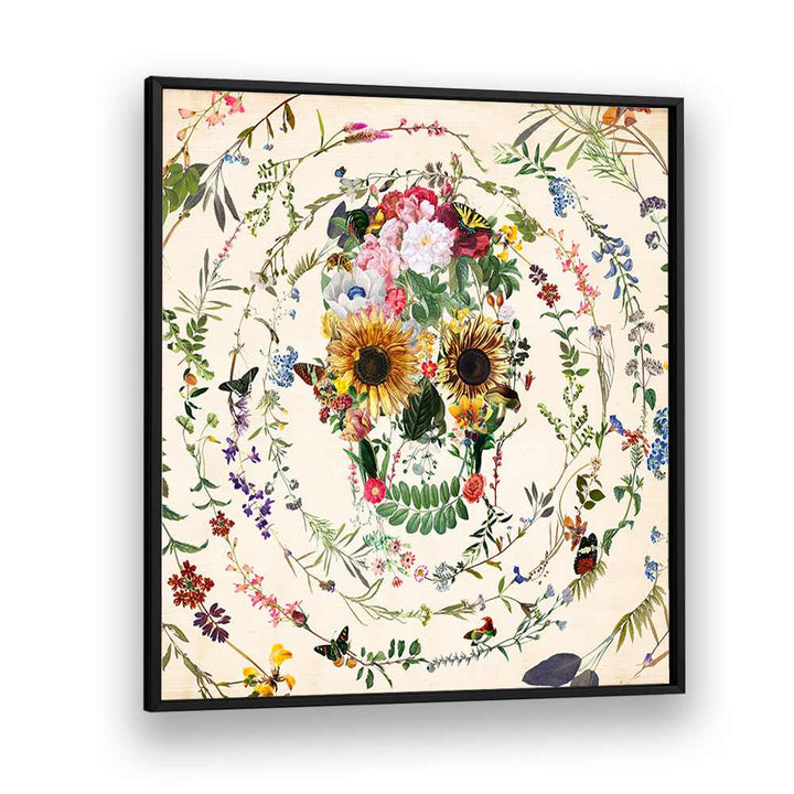 CIRCLE OF LIFE, FLORAL FLOWER PAINTINGS beautifully showcase vibrant blooms in an elegant black frame, adding artistic charm.
