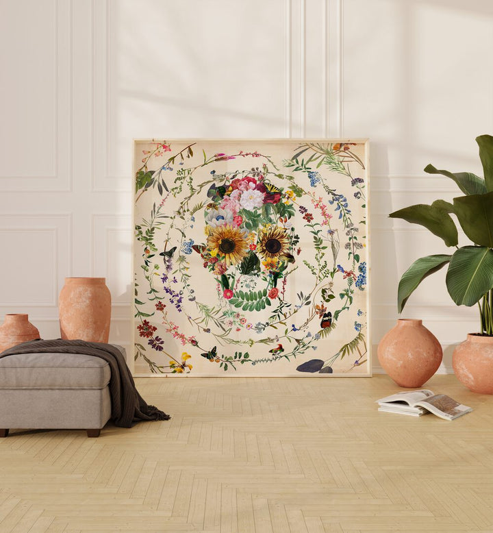 Enchanting CIRCLE OF LIFE, FLORAL FLOWER PAINTINGS showcase a vibrant floral skull design, adding elegance to any space.
