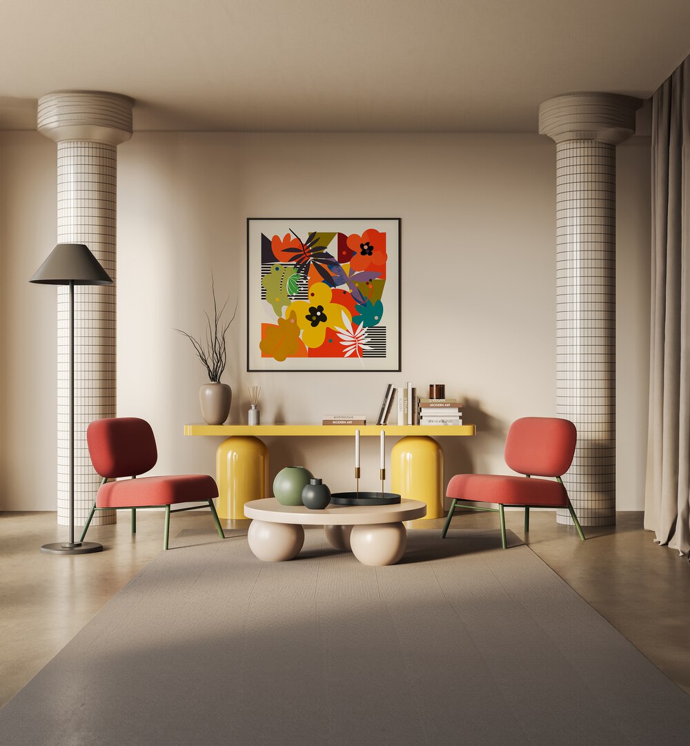 Bright and vibrant CIRCLES MINIMAL FLOWER, ABSTRACT PAINTINGS by Ana Rut Bre enhance modern spaces beautifully.