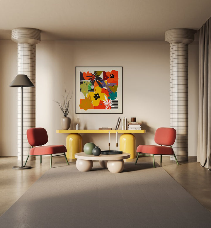 Bright and vibrant CIRCLES MINIMAL FLOWER, ABSTRACT PAINTINGS by Ana Rut Bre enhance modern spaces beautifully.