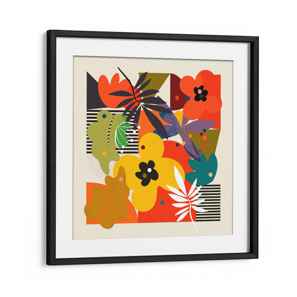 CIRCLES MINIMAL FLOWER, ABSTRACT PAINTINGS by Ana Rut Bre showcases vibrant colors in a stylish black frame.