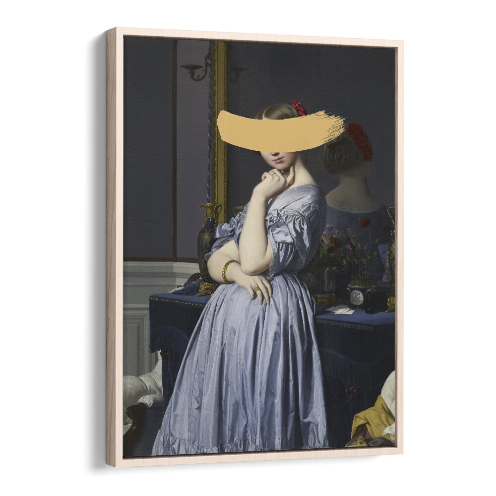 Classic oil painting featuring a woman in blue with a yellow splash, ideal for altered art prints by The Art Concept.