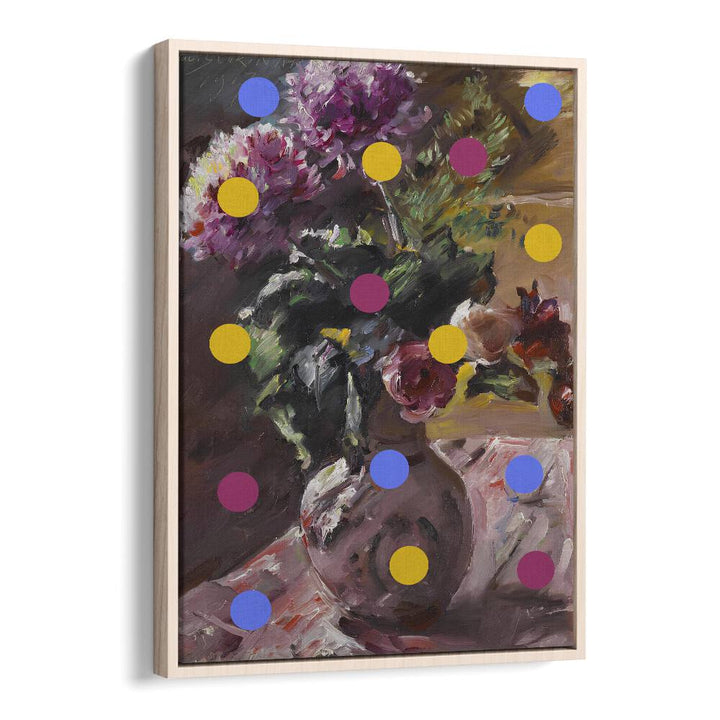 Classic vase of flowers with colorful dots, perfect for home decor—VASE OF FLOWERS AND DOTS, ALTERED ART PRINTS.