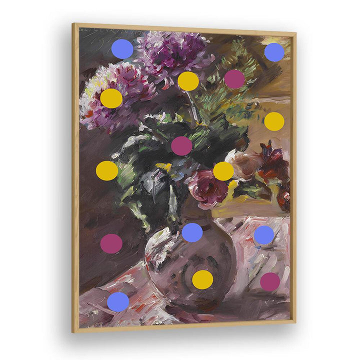 Classic vase with flowers and colorful dots, perfect for home decor. Elevate your space with VASE OF FLOWERS AND DOTS, ALTERED ART PRINTS.