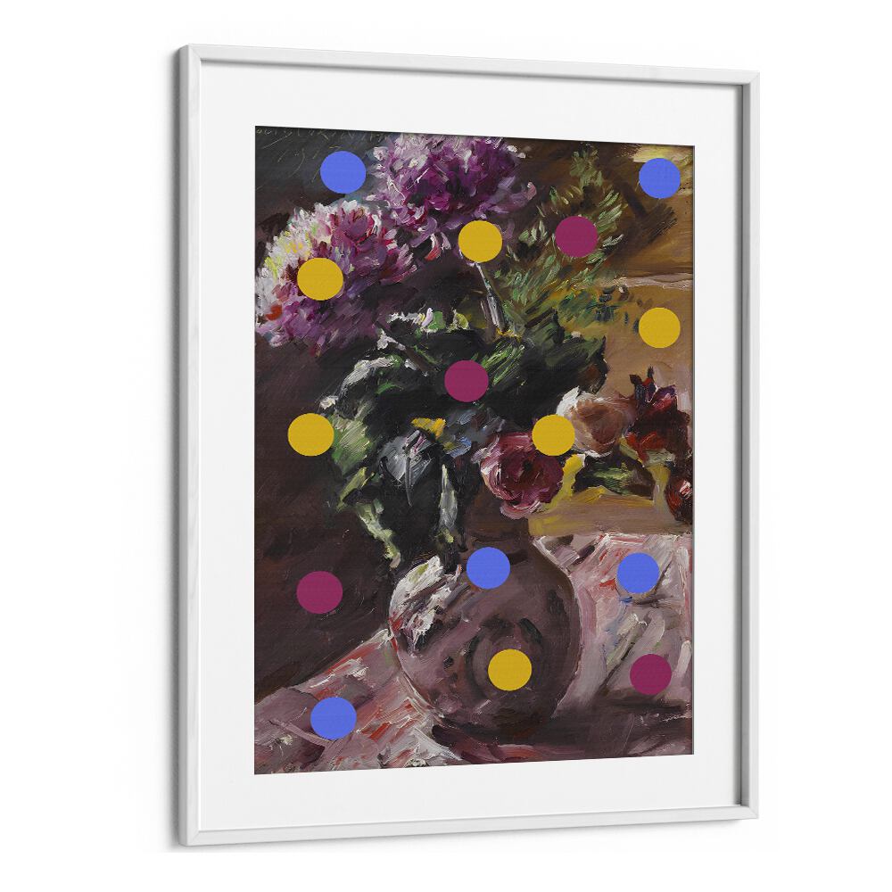 Classic vase of flowers and dots in a white frame, perfect for modern decor. Explore altered art prints by The Art Concept.