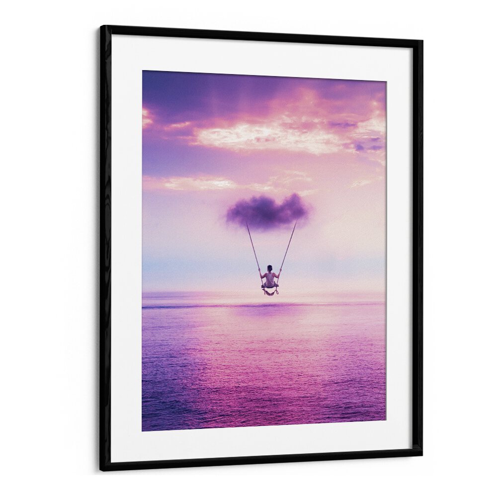 "CLOUD SWING, SURREAL ART PRINTS" captures a dreamlike swing over a serene ocean, enhancing your space with elegance.