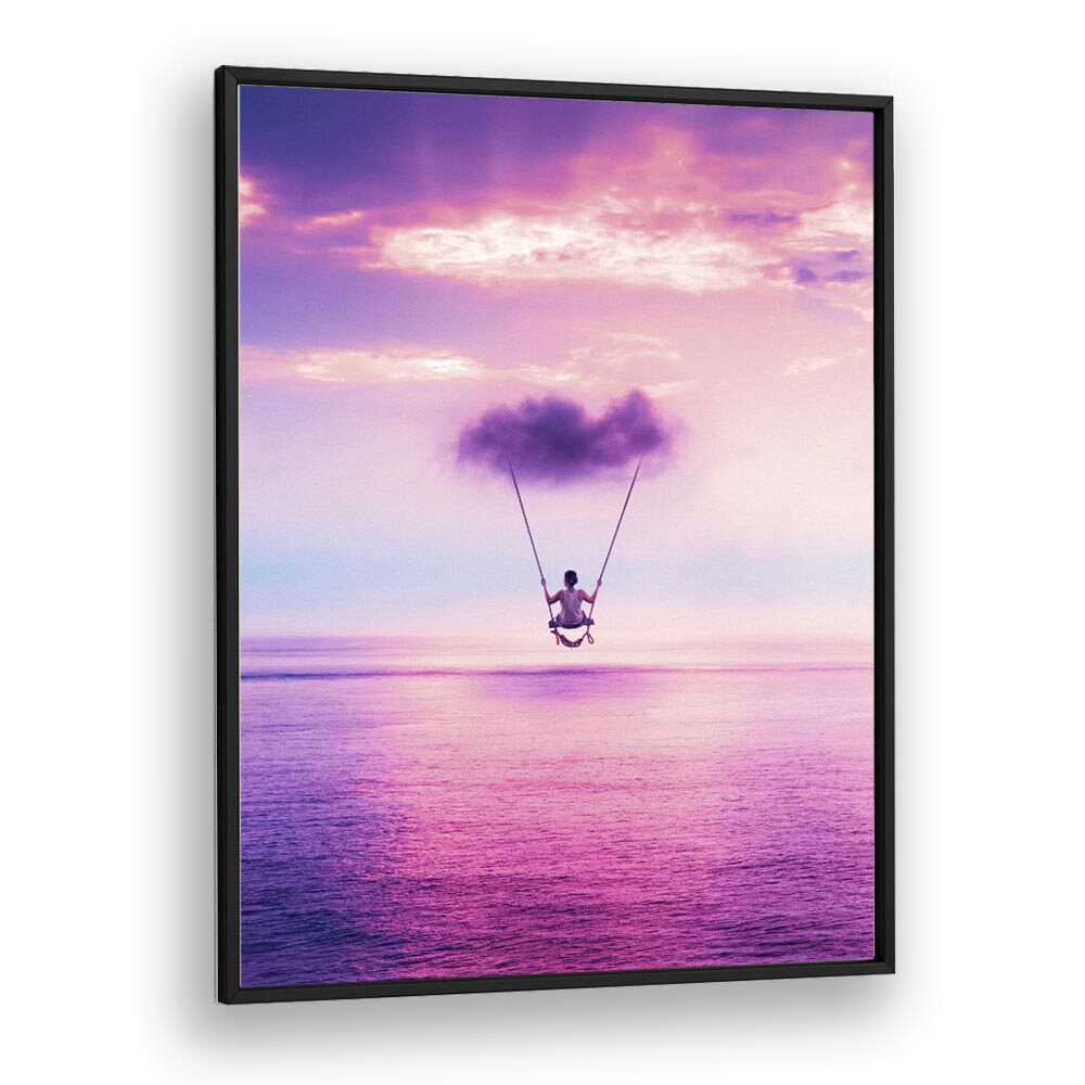 CLOUD SWING, SURREAL ART PRINTS by Ritvik Takkar features a dreamy swing against a vibrant ocean sunset.