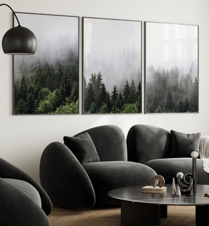 CLOUDY MOUNTAINS, SET OF 3 PAINTINGS showcasing misty forest mountains, perfect for a serene living space.
