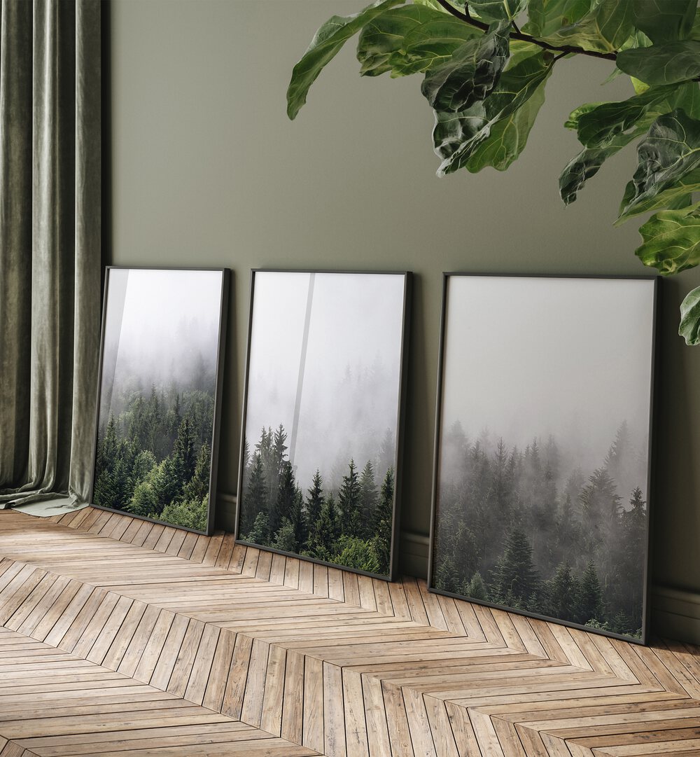 Transform your space with the CLOUDY MOUNTAINS, SET OF 3 PAINTINGS, featuring serene misty forest landscapes.
