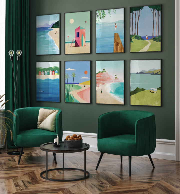Transform your space with the COASTAL ESCAPE GALLERY WALL, showcasing serene coastal art in stylish frames.
