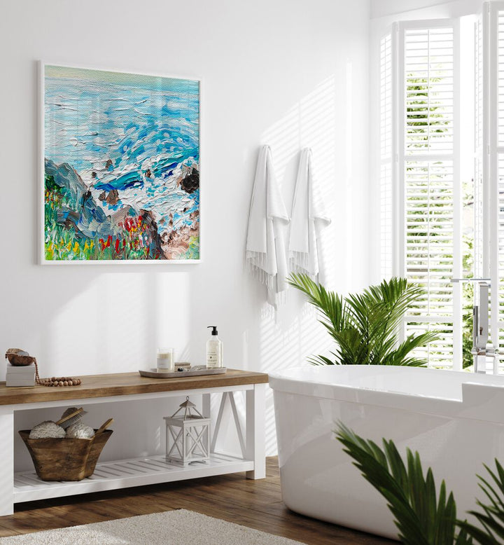 Vibrant COASTLINE, LANDSCAPE PAINTINGS by Key and Sea Creative enhance this serene bathroom with nature's beauty.