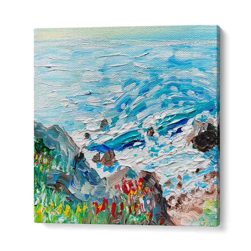 Vibrant COASTLINE, LANDSCAPE PAINTINGS by Key and Sea Creative showcase stunning ocean hues and textured artistry.