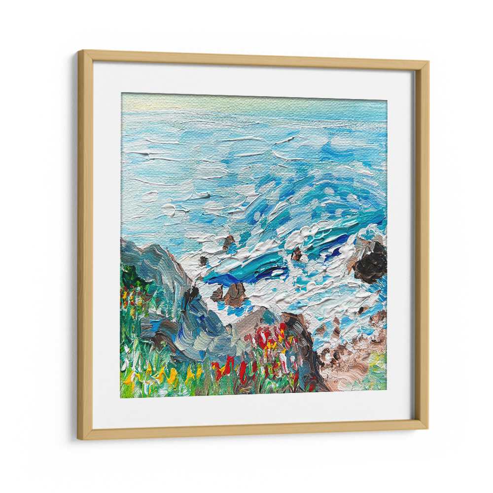 Vibrant COASTLINE, LANDSCAPE PAINTINGS by Key and Sea Creative in oak frame, showcasing stunning ocean and nature hues.