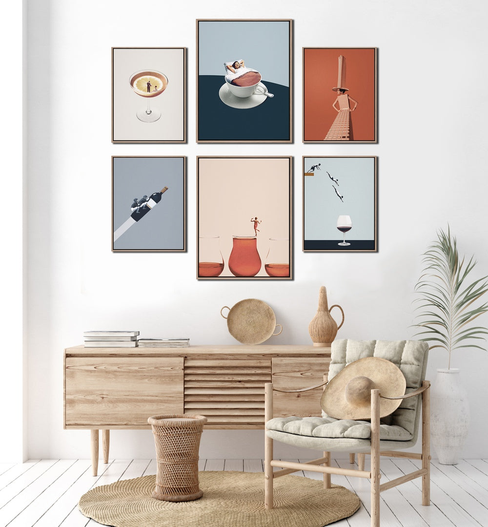 Stylish COCKTAILS & COFFEE gallery wall featuring unique framed art pieces, perfect for modern home decor.