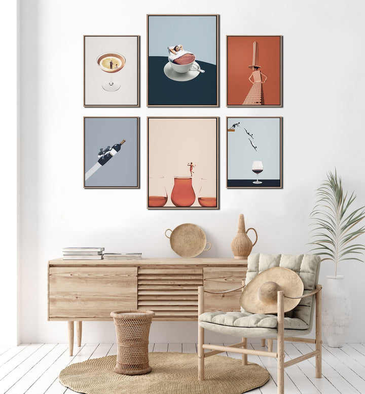 Stylish COCKTAILS & COFFEE gallery wall featuring unique framed art pieces, perfect for modern home decor.