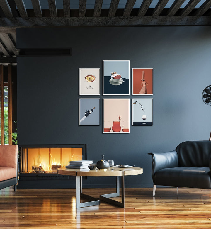 Stylish COCKTAILS & COFFEE gallery wall featuring framed art pieces, perfect for modern home decor.