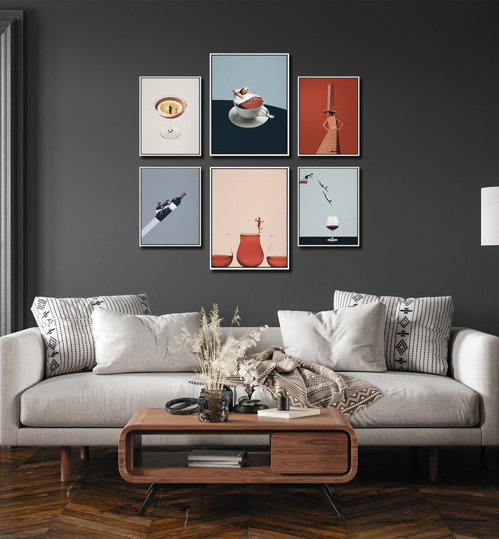 Stylish COCKTAILS & COFFEE gallery wall art enhances your living space with unique framed designs.