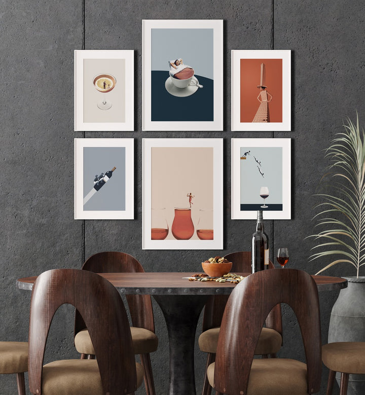 Framed art pieces from the Cocktails & Coffee Gallery Wall, showcasing unique COCKTAILS designs for stylish decor.