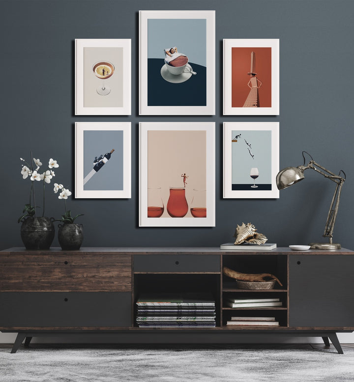 Stylish COCKTAILS & COFFEE GALLERY WALL featuring unique framed art pieces for a chic home decor touch.
