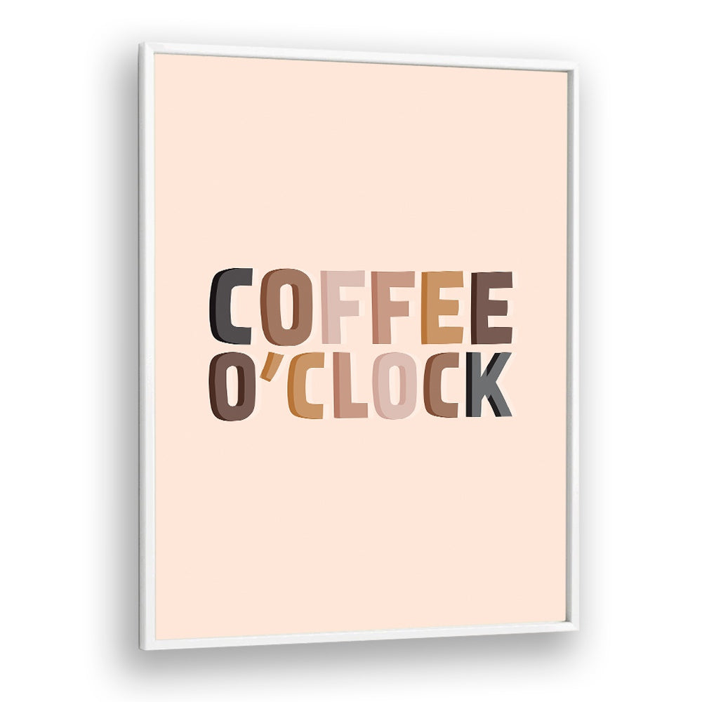 Stylish COFFEE O'CLOCK Quotes poster in a frame, perfect wall art for coffee lovers by Frankie Kerr Dineen.
