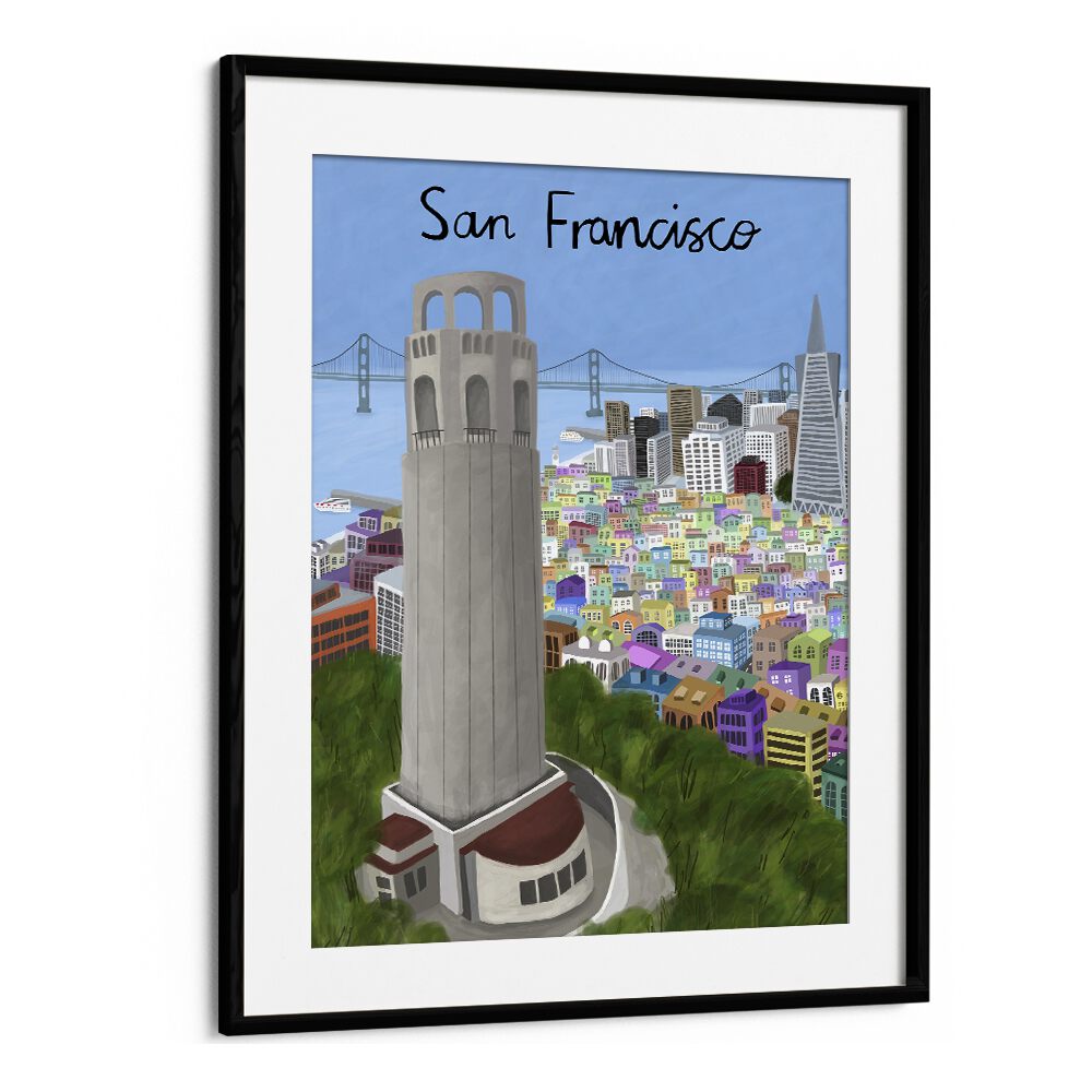 Captivating COIT TOWER travel posters by Carla Daly, showcasing San Francisco's iconic beauty in vibrant colors.