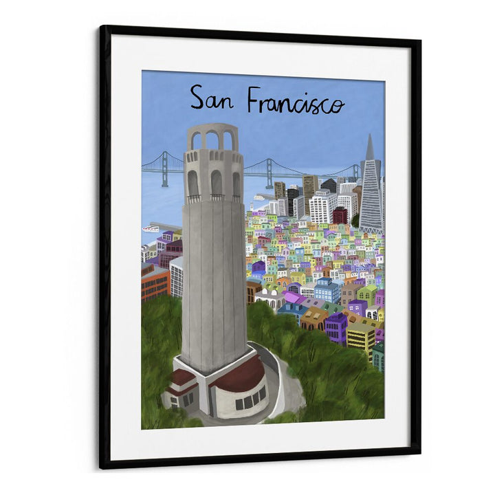 Captivating COIT TOWER travel posters by Carla Daly, showcasing San Francisco's iconic beauty in vibrant colors.