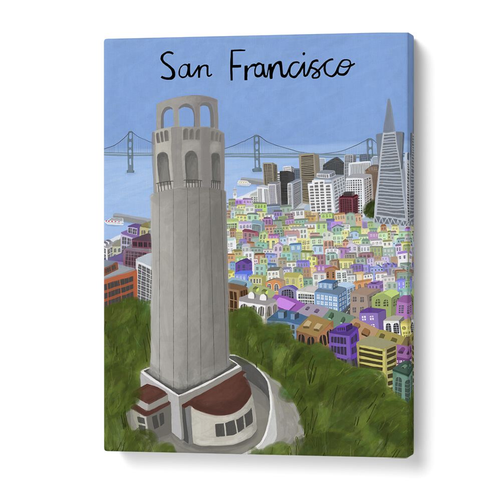 Stunning COIT TOWER travel posters by Carla Daly showcase San Francisco's iconic skyline and vibrant cityscape.
