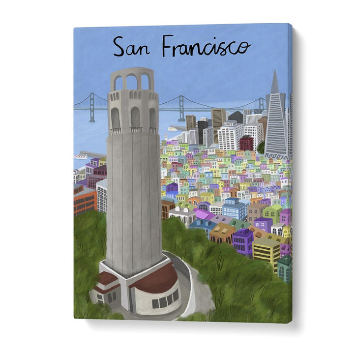 Stunning COIT TOWER travel posters by Carla Daly showcase San Francisco's iconic skyline and vibrant cityscape.
